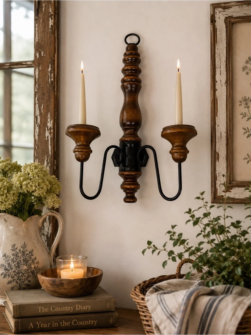Vintage Wood & Metal 2 Arm Wall Candle Holder Sconce Farmhouse Cottagecore